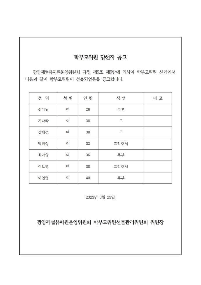 제12기 광양제철유치원운영위원회 학부모위원 당선자 공고001