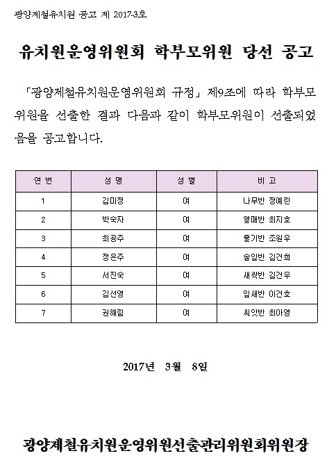 제6기 유치원 운영위원회 학부모위원 당선 공고