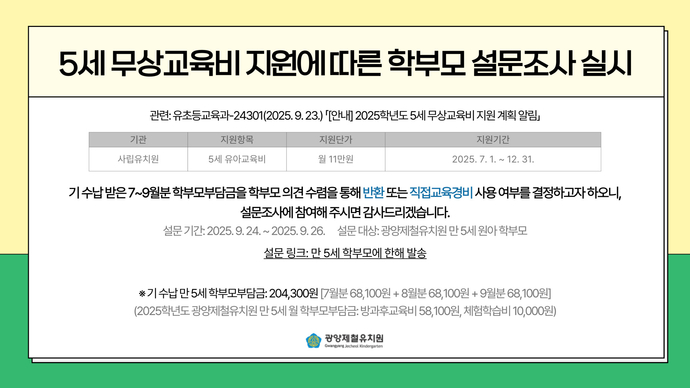 5세 무상교육비 지원에 따른 학부모 설문조사 실시