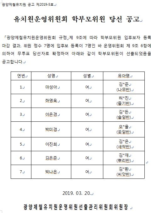학부모위원 당선 공고